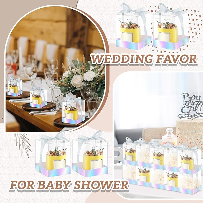 Cunno 36 Set 3.5 x 3.5 x 4.3 in Candle Package Transparent Gift Box 4-18 oz Handmade Tealight Candle Holder Bulk Paper Bottom Ribbon for Wedding Baby Shower Party Mug Cake Wine Glasses(Silver)