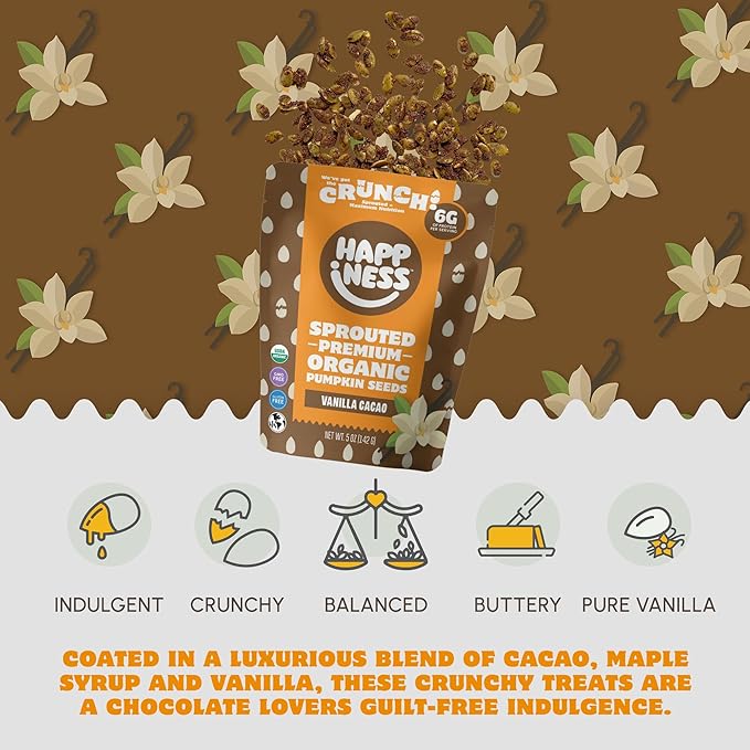 Happiness Foods™ Vanilla Cacao – Sprouted Organic Raw Pumpkin Seeds – High Protein, Certified USDA Organic, Non-GMO, Low Carb, Vegan, Gluten-Free, Mood Booster Snacks – 5 oz