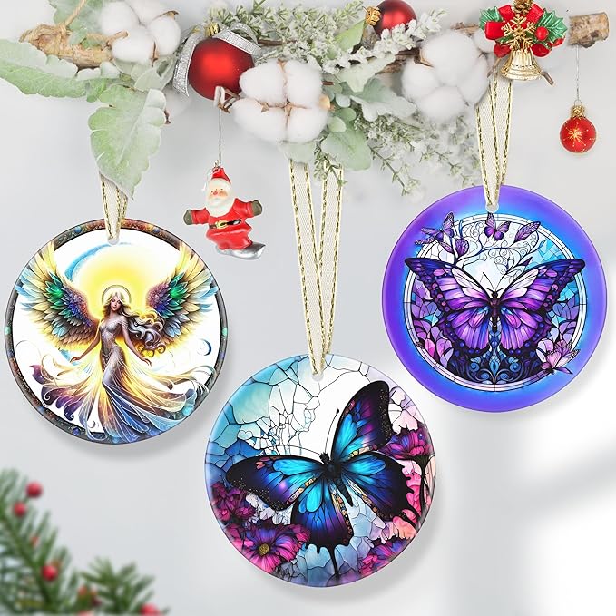Butterfly Ceramic Hanging Ornament - 3.5 Inch, Butterfly Ornaments for Christmas Tree, Gifts for Holiday Present Exchange