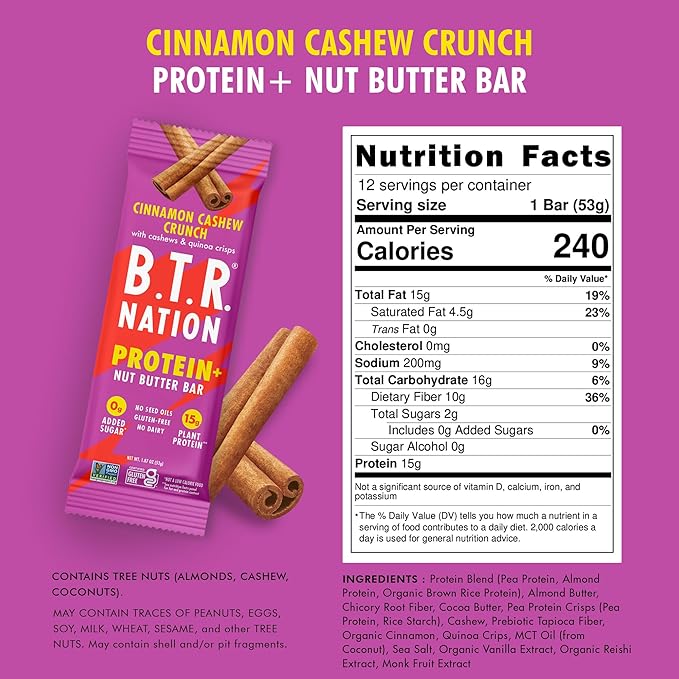 B.T.R. Nation Vegan Keto Plant Based High Protein & High Fiber Bars - Cinnamon Cashew Crunch Protein+ | 12 Bars | Low Carb & GF, Free of Sugar Alcohols, Dairy, Soy and with Powerful Superfoods!