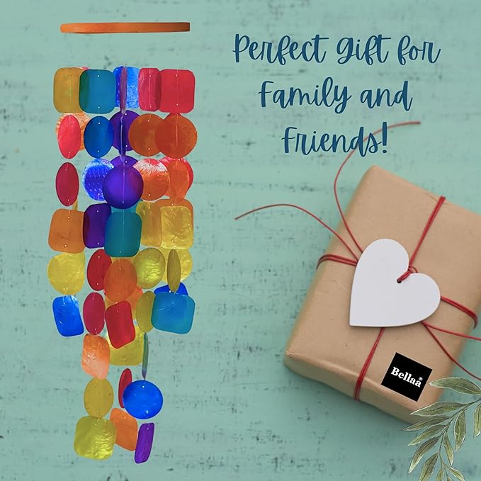 Bellaa 22890 Wind Chimes Outside, Garden Decorations, Musical, Chime, Outdoor Windchimes, Rainbow, Beach, Ocean, Breeze, Gifts for Mom, Gift for All Occasions, Capiz Sea Glass Shells Wood