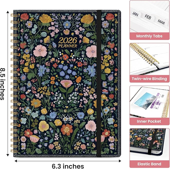 2026 Planner, Monthly and Weekly Calendar Planner for Women, January 2026 - December 2026, Hardcover Pretty 2026 Agenda Planner Book with Tabs, Spiral Bound, Perfect for School Office Home Supplies, 6.3" x 8.5" - Garden of Whimsy