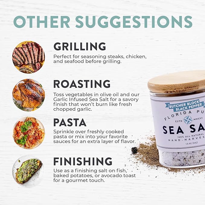 FLORIDA PURE Black Pepper Sea Salt - 80+ Mineral Sea Salt, Natural, Unrefined, Non Iodized - for Baking, Cooking, Seasoning & Enhancing Taste - Rich Taste Flaky Sea Salt (4.5 oz Jar)