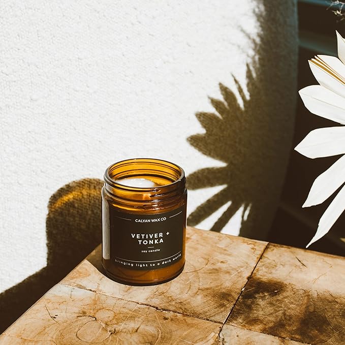 Calyan Wax Co. Soy Wax Candle, Oakmoss + Amber Scented Candle, 57 Hour Burn Time, Aromatherapy Soy Candles, Non Toxic & Vegan Soy Wax, Amber Glass Jar Scented Candles, 7.2oz