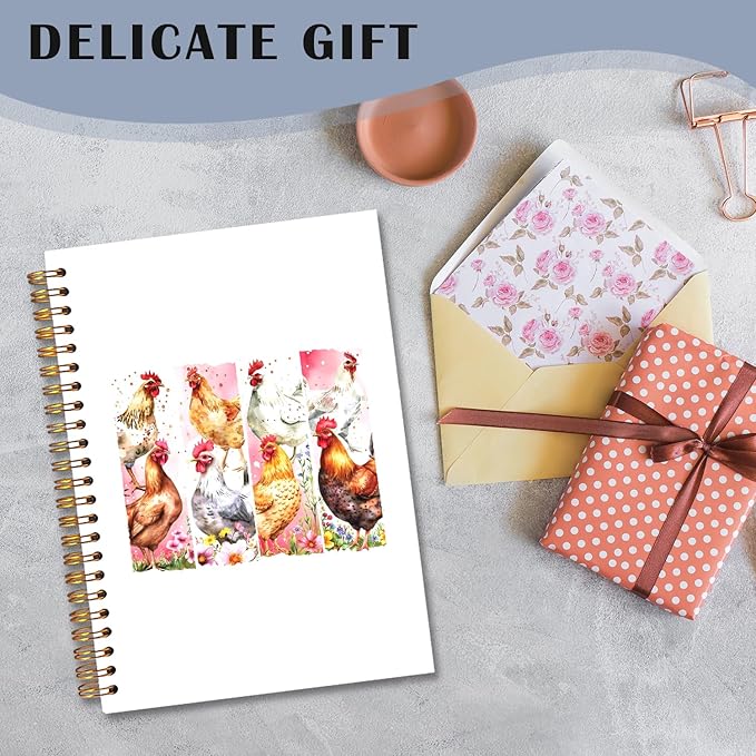 Floral Chicken Spiral Notebooks, Chickens Lover Gifts Journal, Chicken Mom Lady Gifts Journals for Writing, Funny Farm Animal Rooster Hen Notebook for Note Taking, 5.5x8.3 Inch