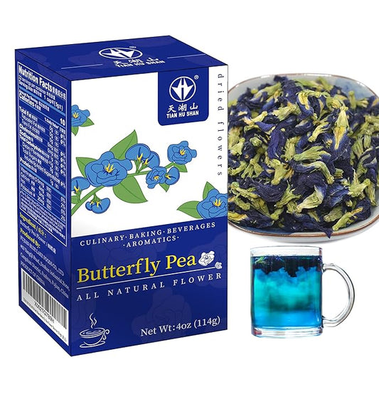 TIAN HU SHAN Butterfly Pea Flower Tea, Butterfly Pea Flowers Loose Leaf, 100% Natural Herbal Tea, 4 Ounce (Pack of 1)