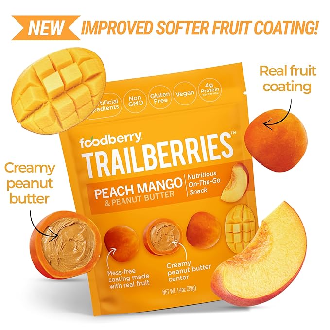 Foodberry Peach Mango & Peanut Butter Trailberries, Nutritious Snack, Delicious Bites of Creamy Peanut Butter Coated in Real Fruit (Like Softer Fruit Leather), 4g Protein, 4g Fiber, Pack of 6