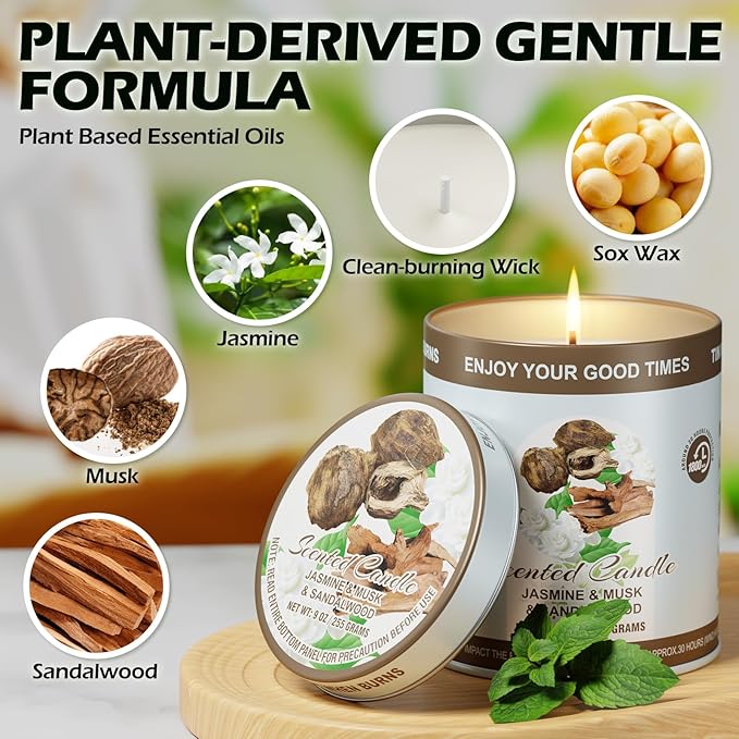 Luxury Jasmine&Musk&Sandalwood Scented Candles Set | 2 Pack,510g,8% Essential Oils,80H Burun | Clean Burning Smokeless Soy Wax for Aromatherapy, Meditation, Yoga | Relaxation Gift for Women & Men