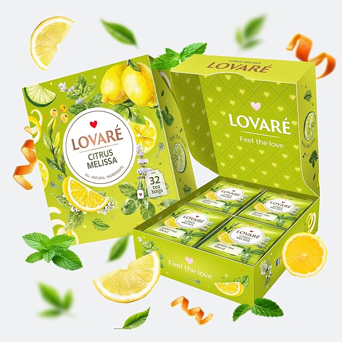 LOVARE Citrus Melissa Tea Bags 48 g - Made in Ukraine - Green Tea, Mint, Melissa, Lemongrass, Orange Peel - Tea Bags Individually Wrapped - Gift Box Sets for Tea Lovers (32 Tea Bags x 1.5 g Each)