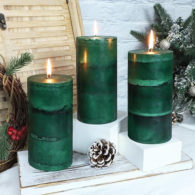 Dark Green Pillar Candles 3x6 Inch Fir Scented Candles Hand-Poured Long Lasting Burning Large Candle Holiday Forest Christmas Decoration Candle for Home Fragrance Gift Table Wedding 3 Pack