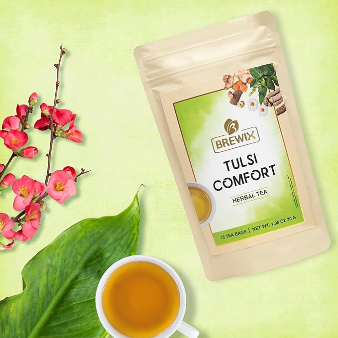 BREWIX Holy Basil Tea Bags (15 Pyramid Tea Bags) | Tee With Tulsi Leaves and Chamomile | Caffeine Free, Calming Herbal Tea With Fresh and Cool Flavor