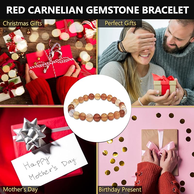 Carnelian Bracelet, Natural Healing Crystal Bracelet for Women and Men, 8mm Round Beaded Bracelet for Spiritual Healing, Protection, Positive Energy, Elastic Adjustable Size Gemstone Bead Bracelet