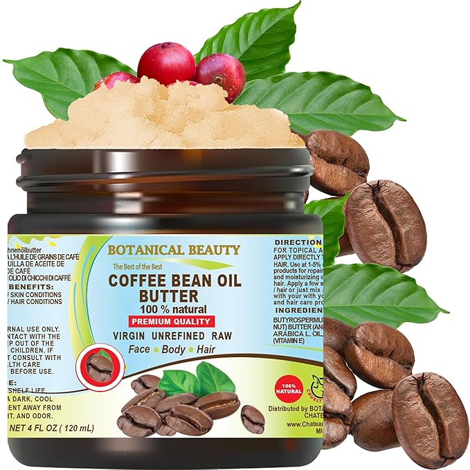Botanical Beauty COFFEE BEAN OIL BUTTER 100% Natural VIRGIN RAW UNREFINED 4 Fl.oz.- 120 ml. Coffee Bean Essential Oil in Shea Nut Butter for FACE, SKIN, BODY, HAIR, NAILS.