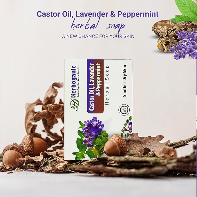 HERBOGANIC Castor oil lavender and peppermint Herbal Soap | Pack of 6 of 5oz soap Bar | Ideal for Men and Women, Soothing and Nourishing Soap for Moisturization