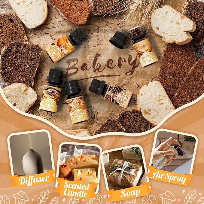 Bakery Essential Oils Gift Set, SNOWSEN Dessert Fragrance Oils for Diffuser for Home, Pumpkin Pie, Waffle, Coffee Cake, Chocolate Cupcake, Gingerbread, Snickerdoodle Aromatherapy Oils