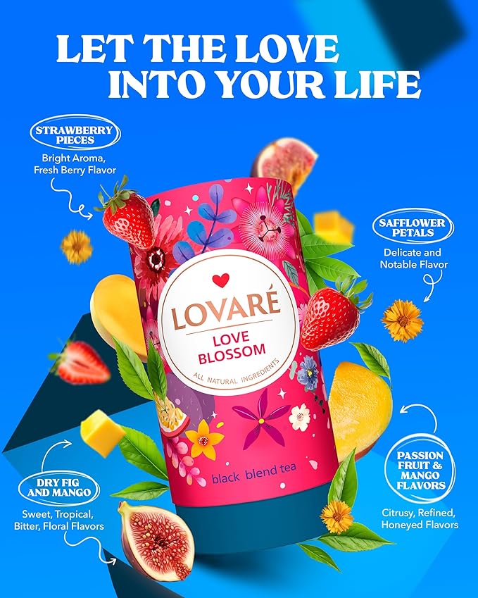 LOVARE Love Blossom Loose Leaf Tea 80 g - Made in Ukraine - Dry Fig, Mango, and Strawberry Pieces, Safflower Petals, Passion Fruit & Mango Flavors - Tea Lovers Gift Box with 15 Paper Filters