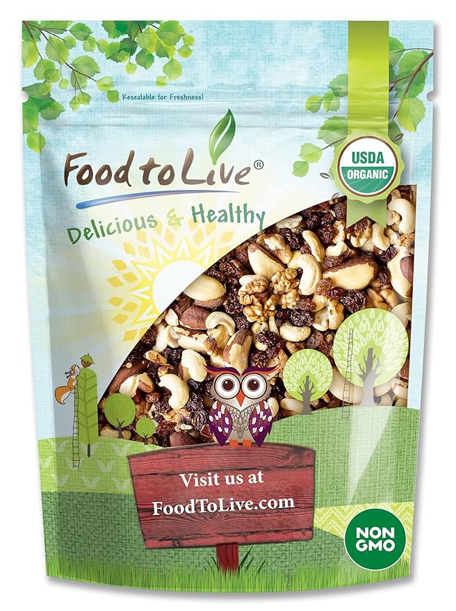 Food to Live Organic Energy Trail Mix, 8 Ounces — Non-GMO and Raw Nuts and Berries including Cashews, Golden Berries, Raisins, Walnuts, and Brazil Nuts. Non-Irradiated, Vegan Superfood, Bulk