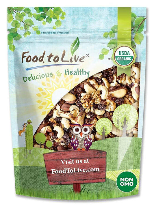 Food to Live Organic Energy Trail Mix, 8 Ounces — Non-GMO and Raw Nuts and Berries including Cashews, Golden Berries, Raisins, Walnuts, and Brazil Nuts. Non-Irradiated, Vegan Superfood, Bulk