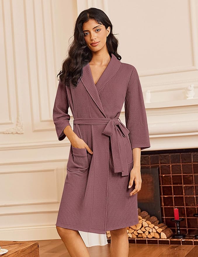 Ekouaer Robes for Women Waffle Knit Bathrobe Lightweight Kimono Robe Knee Length Loungewear with Pockets