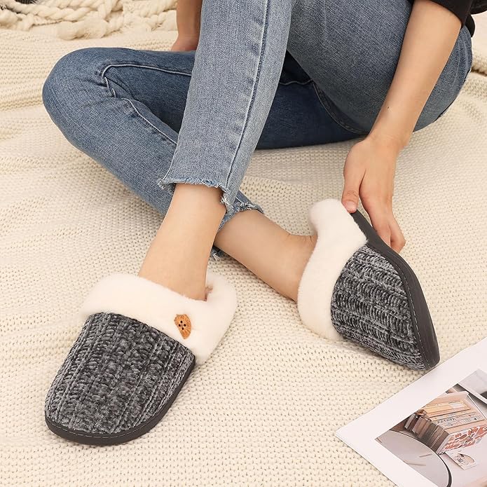 Evshine Warm Knit House Slippers for Women Comfy Wool-Like Lined Chenille Slippers with Memory Foam and Indoor Outdoor Soles