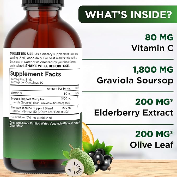 NEW AGE Soursop Drops - Soursop Bitters Liquid with Soursop Fruit and Leaves, Elderberry, Vitamin C and Olive Leaf - Multimineral & Vitamins Superfood - 8 oz