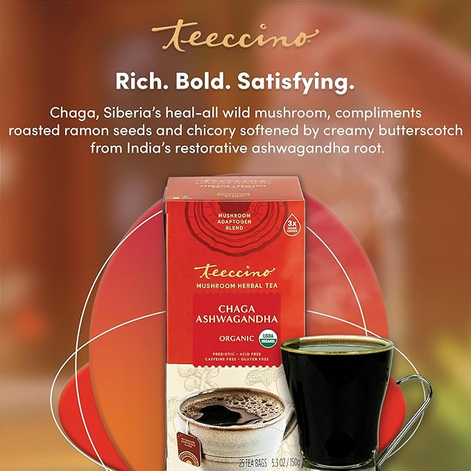 Teeccino Chaga Ashwagandha Tea - Butterscotch Cream - 25 Tea Bags - Organic Mushroom Adaptogenic Herbal Tea, 3x More Herbs than Regular Tea Bags, Prebiotic, Caffeine Free, Gluten Free