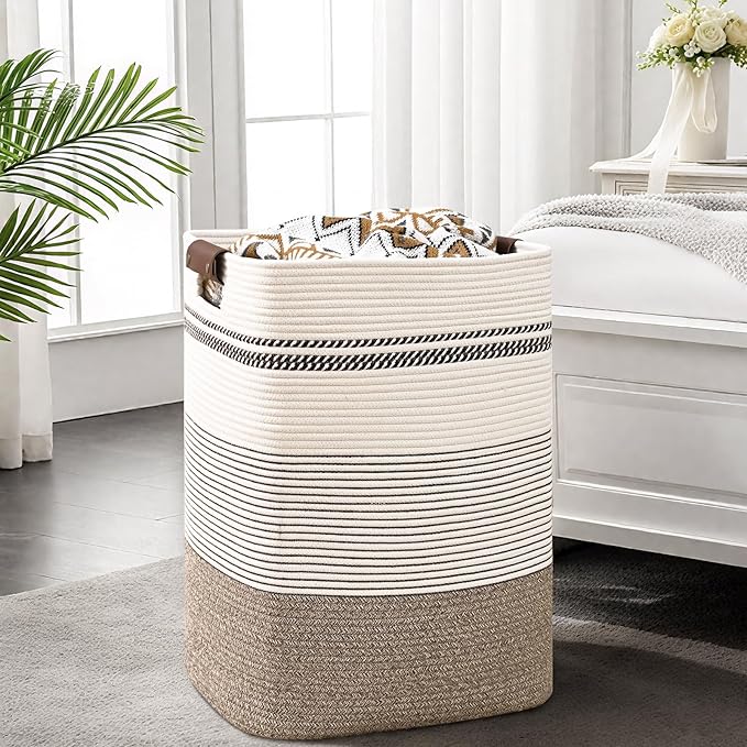 Laundry Hamper, 95L Tall Laundry Basket with Leather Handles, Rectangle Large Clothes Hamper for Organizing, Cotton Woven Laundry Baskets Storage Hampers for Bedroom, Nursery, Living Room
