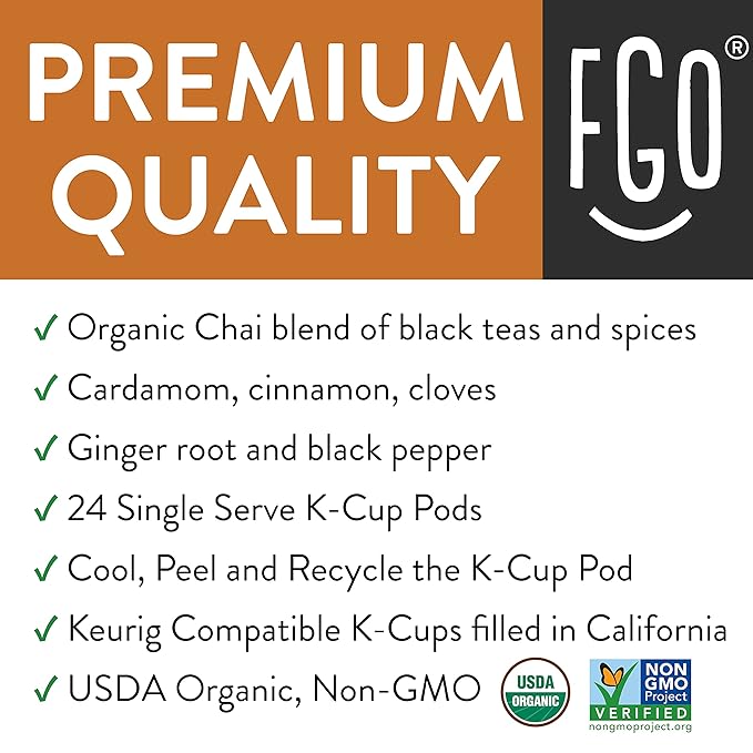 FGO Organic Chai Black Tea K-Cup Pods for Keurig, 24 Count (Pack of 1), Premium Black Tea with Chai Spice is USDA Organic, Non-GMO, & Recyclable with Naturally Occurring Caffeine