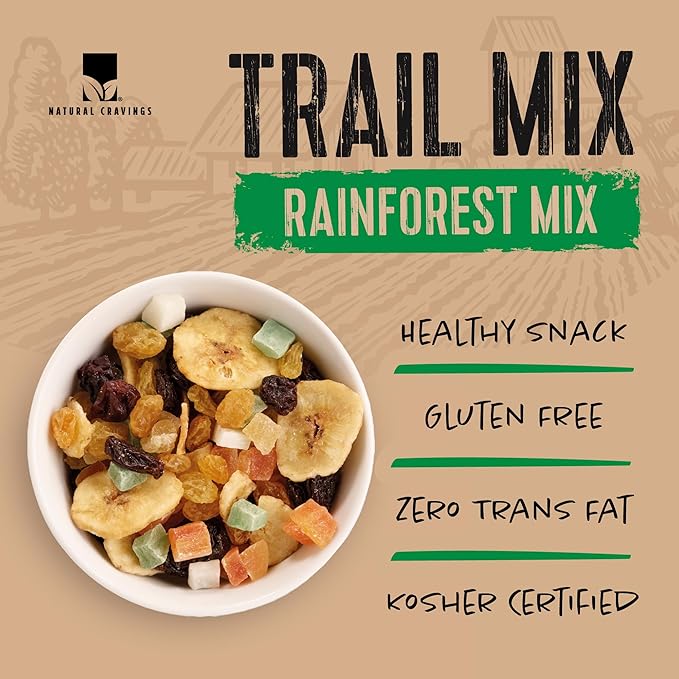 Natural Cravings Trail Mix Snack Dried Fruit Mix & Nuts Mix with Chocolate Chips, Peanuts, Cranberries, Raisins, Walnuts, Tropical Fruits (12 Pack, Rainforest Mix)