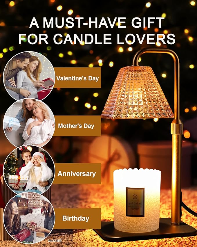 Candle Warmer Lamp with Timer Dimmer - Birthday Gifts for Women Mom House Warming Gift New Home Room Decor, Adjustable Height Wax Melt Warmer Lamp for Scented Jar Candles with 2 Bulbs (Gold)