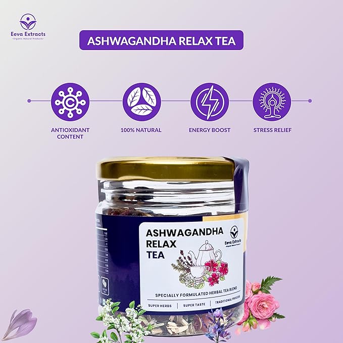 Eeva Extracts - Ashwagandha Relax Herbal Tea – Stress Support & Calm Blend | Natural Caffeine-Free Herbal Infusion | 25 gm