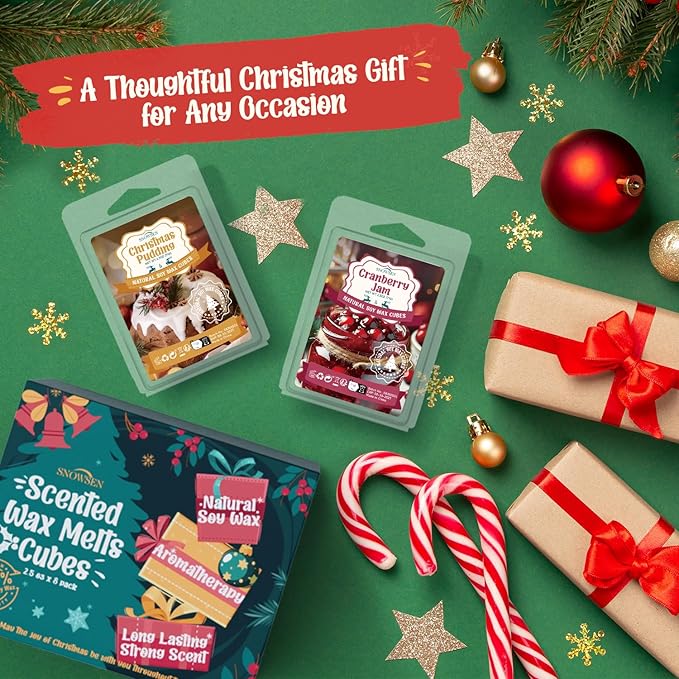Christmas Wax Melts, 8 Pack Winter Scented Wax Cubes, Soy Wax Cubes Strong Scent, Wax Melts Tarts for Warmer - Apple Cinnamon, Christmas Pudding, Candy Cane and More, Colored Wax Melt Gift Set
