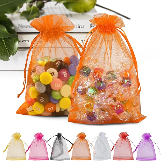 ANZNKU 100PCS Orange Organza Bags 5x7 inches Mesh Bags Drawstring, Gift Bag for Halloween, Wedding Mesh Festival Makeup Organza Party Favor Bag, Sheer Mesh Pouches Drawstring