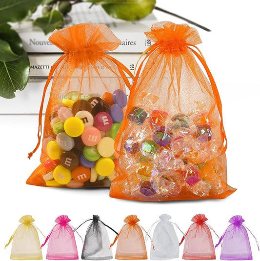 ANZNKU 100PCS Orange Organza Bags 5x7 inches Mesh Bags Drawstring, Gift Bag for Halloween, Wedding Mesh Festival Makeup Organza Party Favor Bag, Sheer Mesh Pouches Drawstring