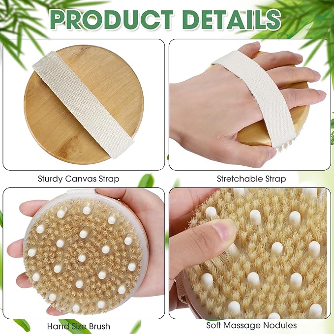 Gejoy 5 Pcs Dry Brushing Body Brush Exfoliating Brush with Massage Nodule Dry Skin Body Scrubber for Shower Bath Back Circulation Improvement Dead Skin Exfoliator (4.3 x 4.3 Inches,Wood Color)