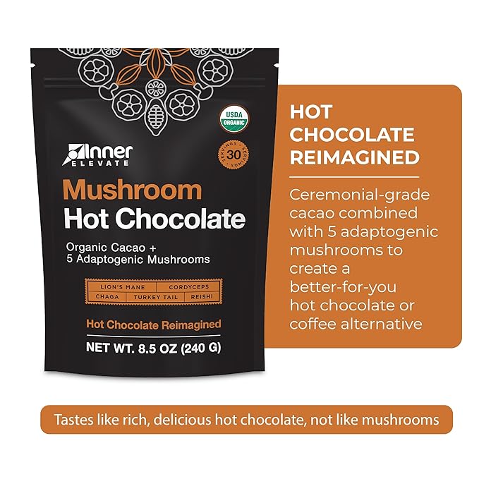Inner Elevate Organic Mushroom Hot Chocolate - Ceremonial Cacao with 5 Adaptogenic Mushrooms - Great as a Coffee Alternative, Hot Chocolate, or Smoothie (30 Servings)