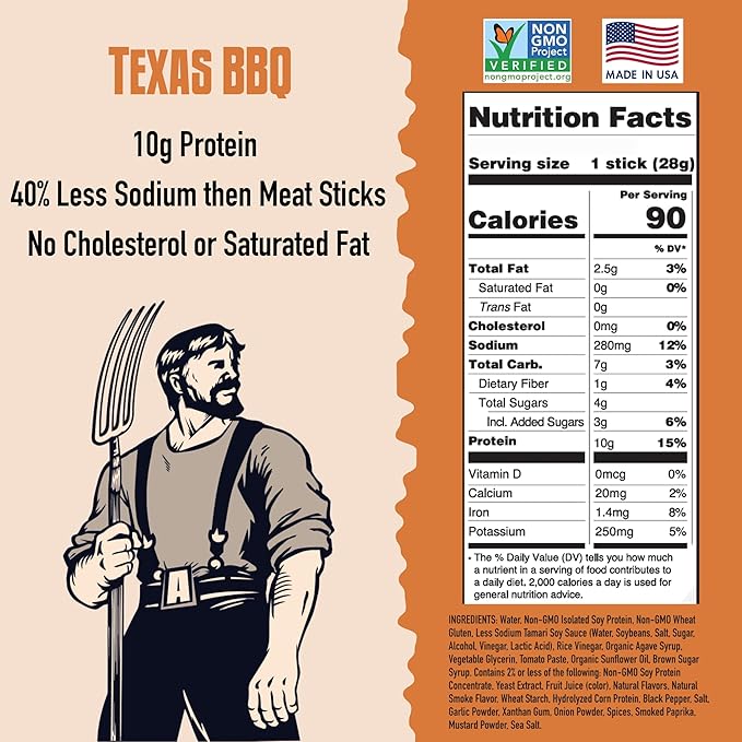 AGRO POWER Vegan Jerky Sticks, Texas BBQ Flavor Plant-Based, 7 Stick Bag with 10g Protein, Non-GMO, 40% Less Sodium, Zero Cholesterol, Meat Alternative, High Protein Snack for Lunch, On-the-Go Fuel