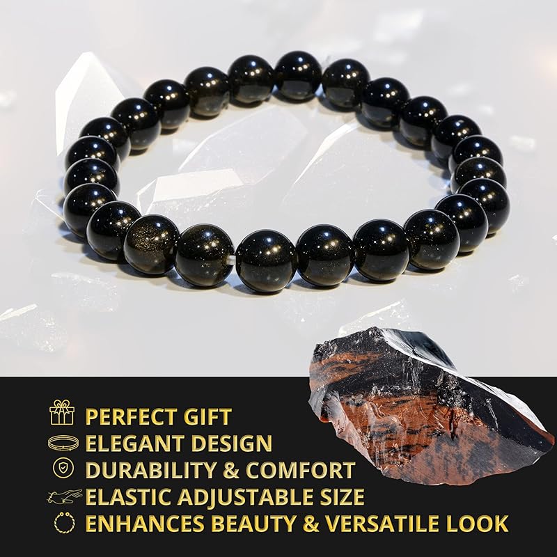 Gold Sheen Obsidian Bracelet – Natural Healing Crystal Bracelet for Women and Men – 8 MM Beaded Bracelet for Spiritual Healing, Positive Energy – Unisex Elastic Adjustable Size Gemstone Bracelet