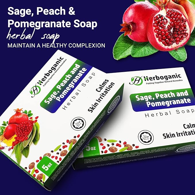 HERBOGANIC Sage Peach and Pomegranate Herbal Soap | Pack of 6 of 5oz soap Bar | Ideal for Men and Women, Soothing and Nourishing Soap for Moisturization