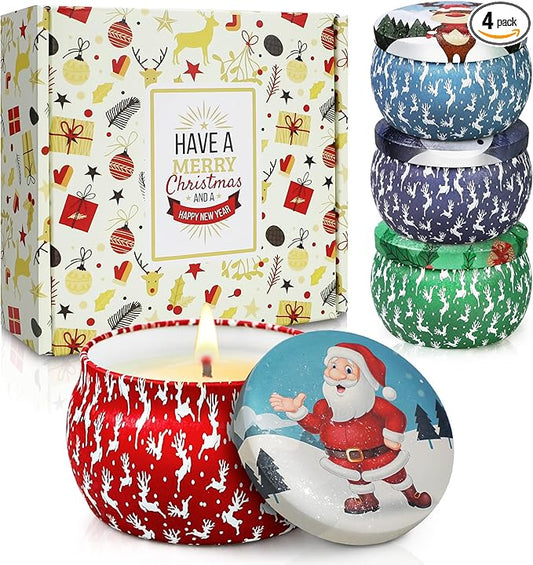 Christmas Candle Gift Set for Women, 4 Pack Long Lasting Soy Wax Candles with Lavender, Cookie, Fir & Cinnamon Apple Scents, Aromatherapy Candles for Home, Perfect Holiday Gifts