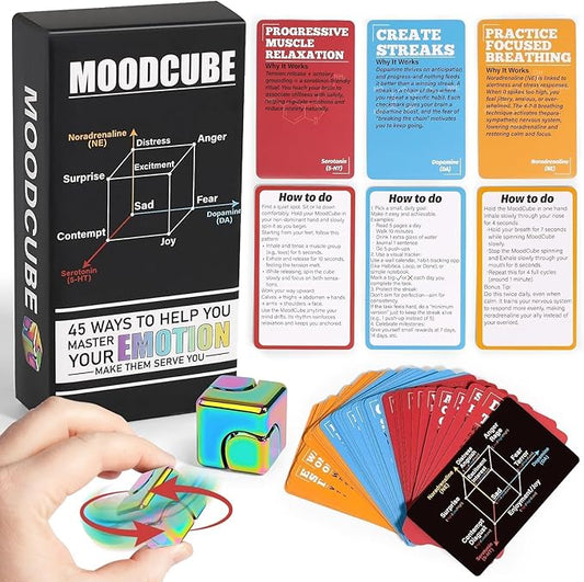 Self Care Cards for Anxiety Relief with MoodCube Spinner, Science-Based Emotion Therapy Tools for Adults & Teens, 45 Mindfulness & Meditation Exercises for Depression, Great Relaxation Gift