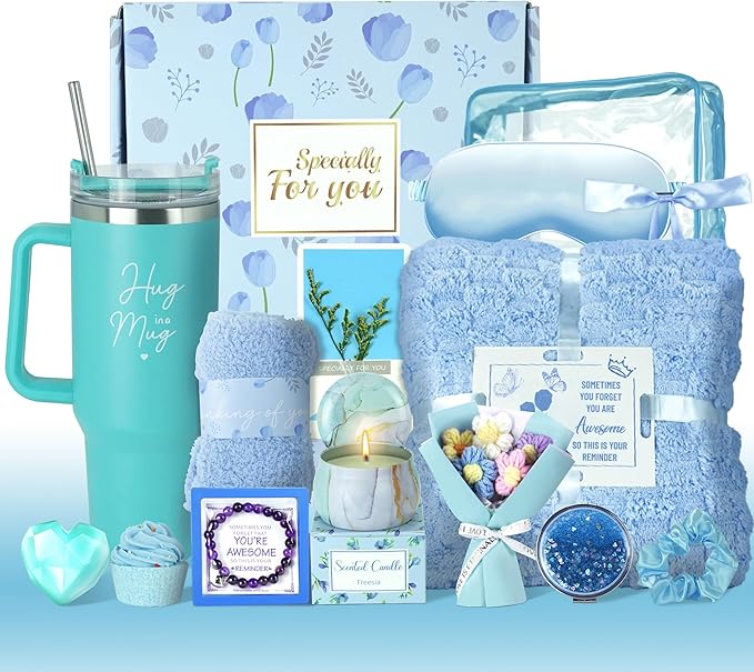 15PCS Birthday Gifts for Women, Relaxing Spa Gifts Baskets for Her, Care Package with Luxury Flannel Blanket and 40 oz Tumbler, Valentines, Mothers Day, Christmas Women's Gift for Mom, Wife, Friends
