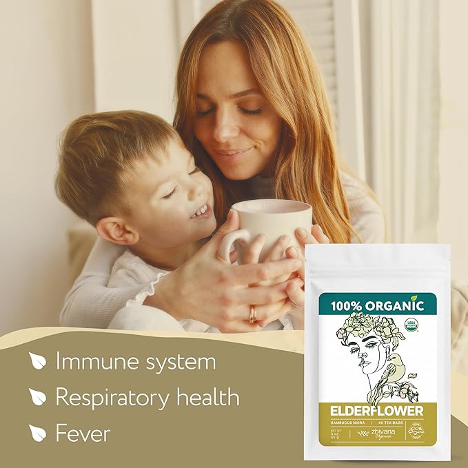 Organic Elderflower Tea Bags - Elder Flowers for Respiratory Health, Immunity - Herbal Tea for Cold Weather Days - Sauco do Flores - Seasonal Blend - 40 Teabags