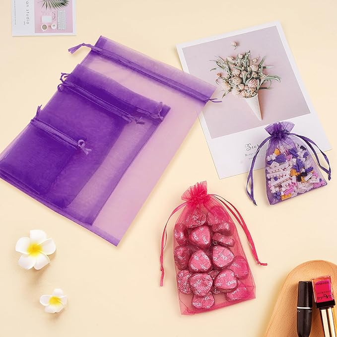 50 Pcs Purple Organza Bags 3x4 Inch, Small Mesh Bags Drawstring