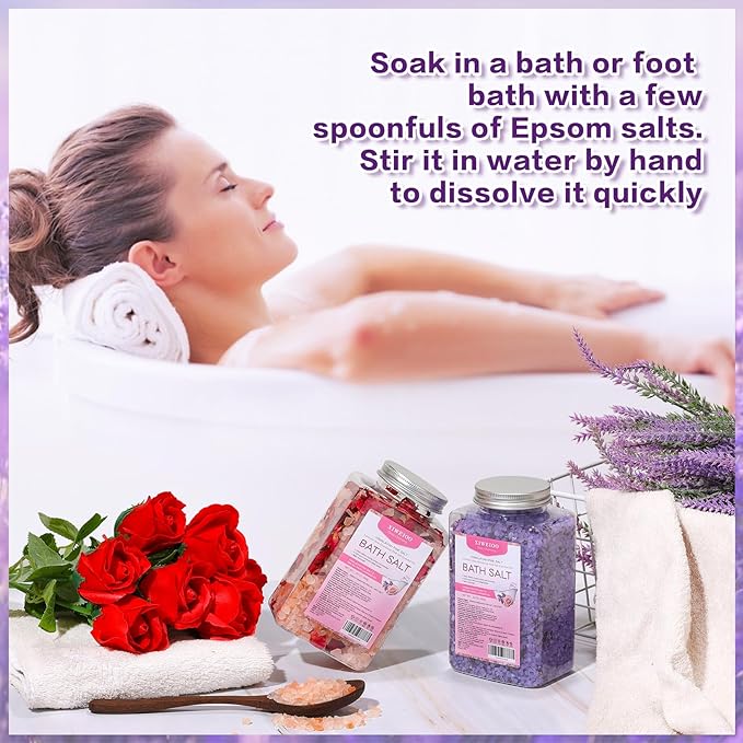 Bath Salts -46 oz, Pack of 2 Natural Epsom Salt Rose, and Lavender- Essential Oils Relaxes and Better Sleep Himalayan Pink Salt Foot Soak Tea Tree Oil