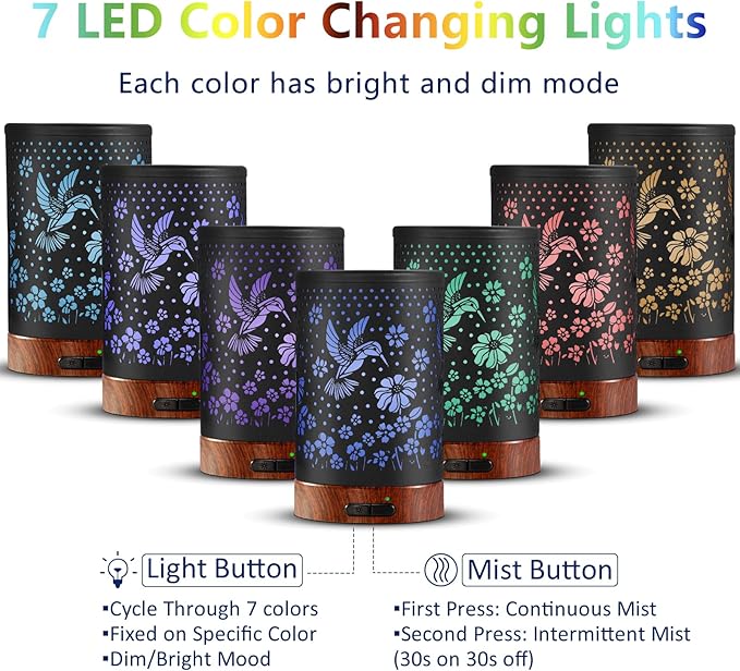 Essential Oil Diffuser Aromatherapy Diffuser - Metal Aroma Diffuser for Home 150ml Ultrasonic Cool Mist Diffuser with 7 Colors Light Waterless Auto-off Protection for Home Office SPA Yoga Decor & Gift