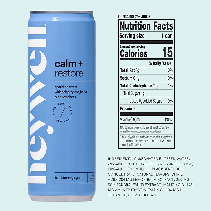 Heywell Sparkling Adaptogenic Water Calm and Restore, Blackberry Ginger Flavor 12 Fluid Ounce (Pack of 12) - Non Caffeinated, Organic, Non GMO, Vegan, Gluten Free, Dairy Free