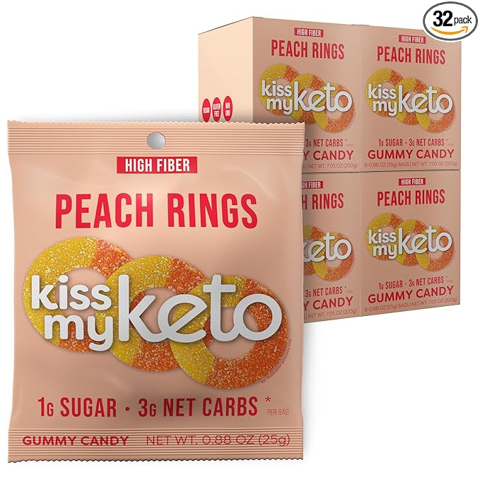 Kiss My Keto Sugar Free Gummies, Peach Rings 32-Pack – Satisfy Cravings while Staying in Ketosis – High Fiber, 3g Net Carbs, Non-GMO, Vegan, & No Gluten – Calorie-Friendly Vegan Candy