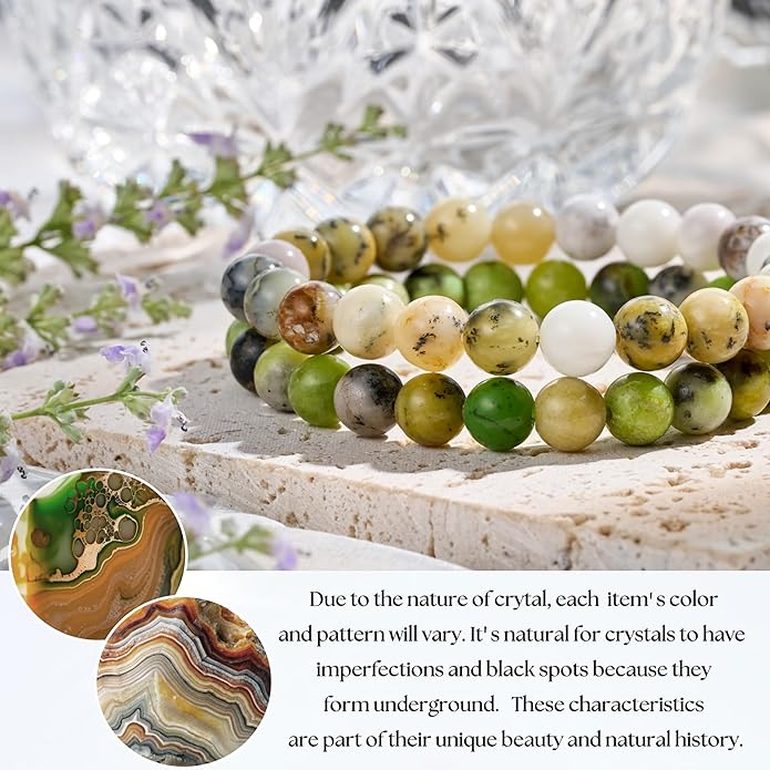Bivei Natural Gemstone Semi Precious Healing Crystals Handmade Stretchy Round Beads Bracelet, Enhance Positive Energy