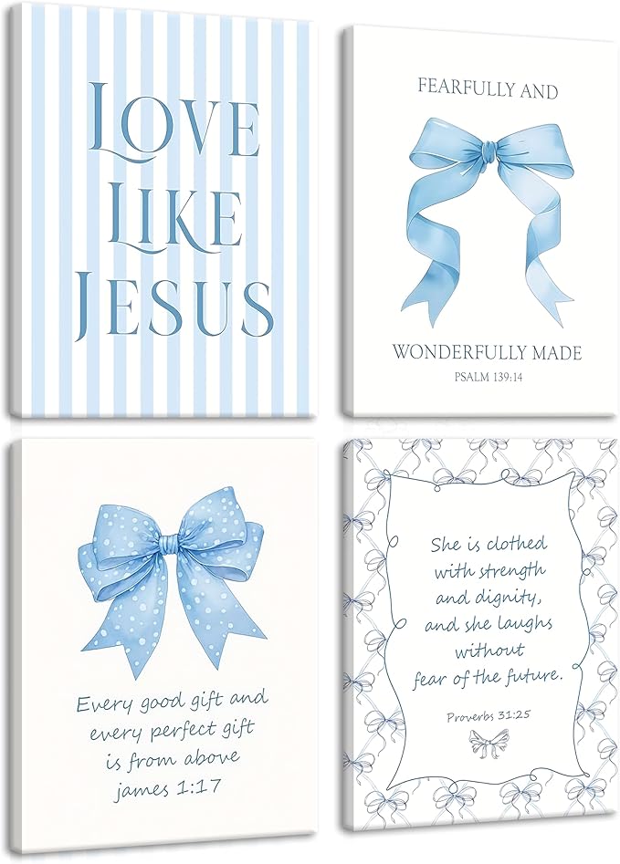 Light Blue Bow Christian Wall Art for Girls Dorm – Coquette Aesthetic Scripture Canvas Prints, Christian Wall Decor for Teen Room, or Bathroom – Framed Cute Spiritual Decor 12x16 inch